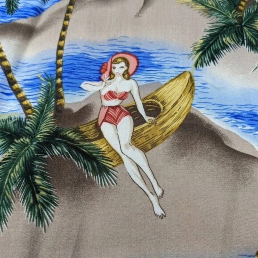 Pierre Cardin Men's Hawaiian Pin-Up Girl‎ Button Shirt Size L Blue Beach Rayon